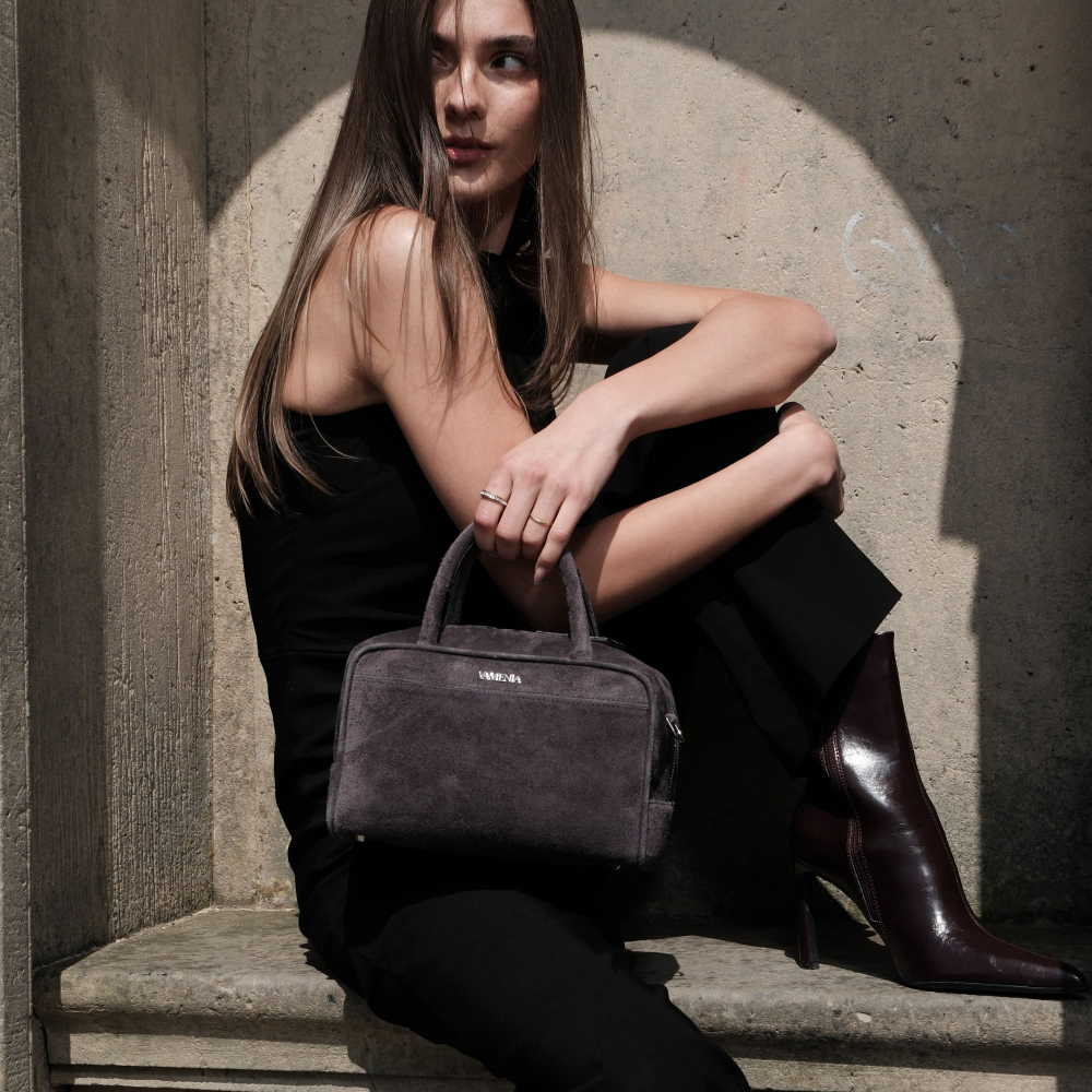 Crossbody Bag Top Handle in Suede in Taupe